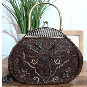 Vintage Hand Sewn (Glass?) Bead Metal Chain Strap Shoulder Bag Purse